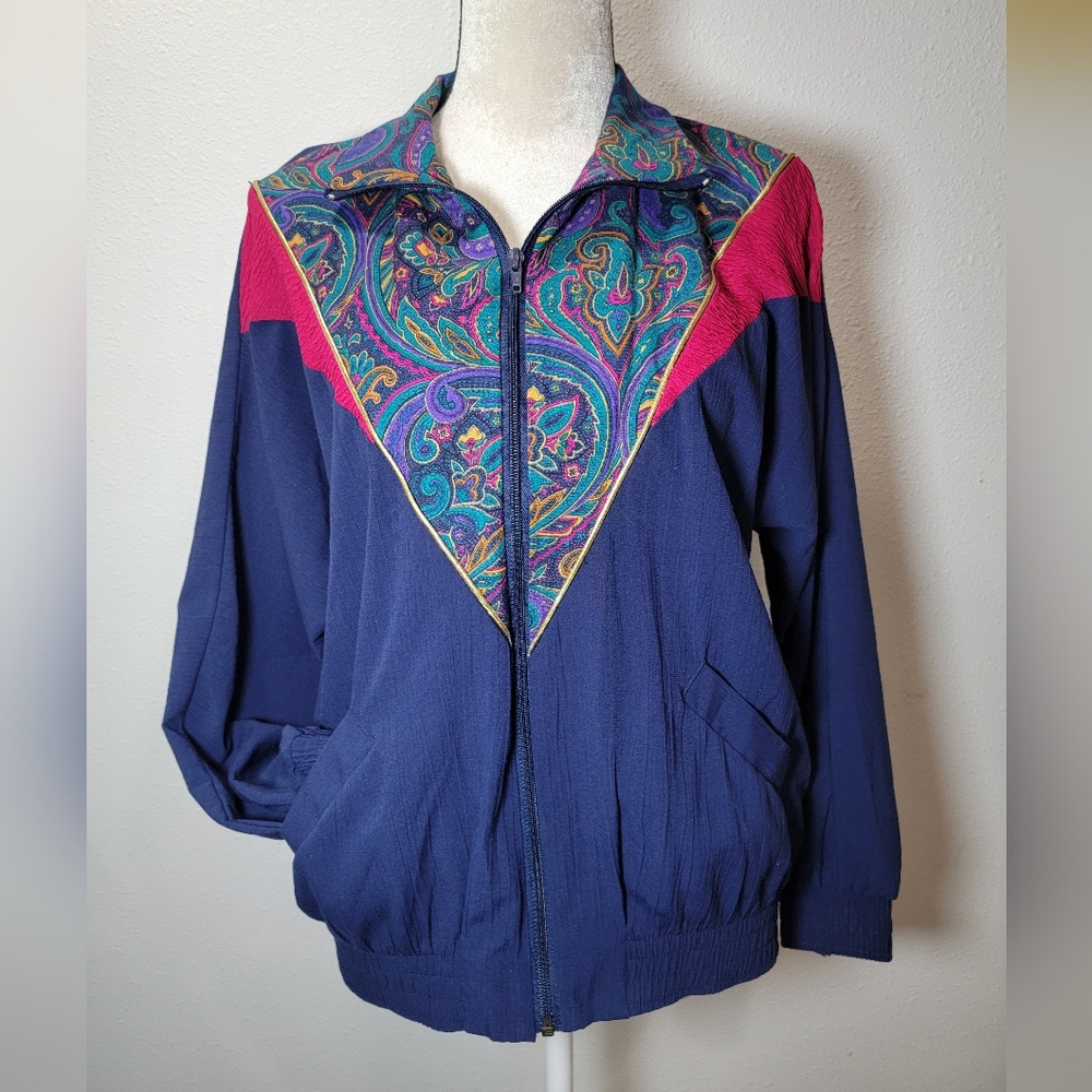 Vintage 80s/90s Alfred Dunner Paisley Pink & Blue Windbreaker Jacket Size 8